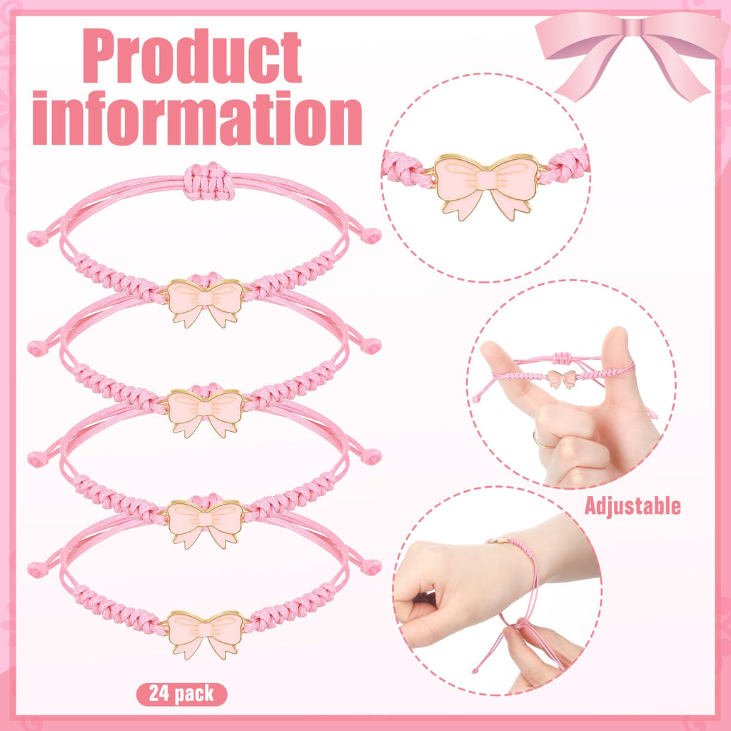 Liliaafar 24 Pack Coquette Pink Bow Braid String Bracelets Gift Bulk Cheerleader Adjustable String Rope Braided Birthday Party Favor for Cheer Dance Team Friends Gift