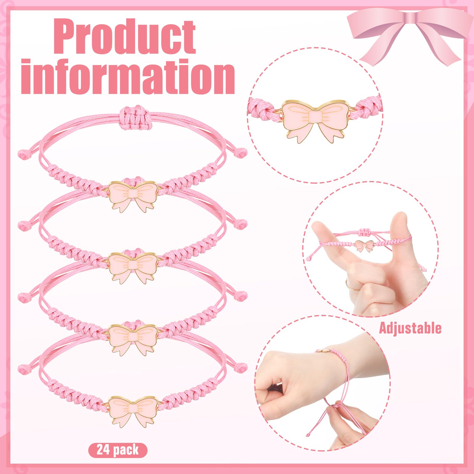 Liliaafar 24 Pack Coquette Pink Bow Braid String Bracelets Gift Bulk Cheerleader Adjustable String Rope Braided Birthday Party Favor for Cheer Dance Team Friends Gift