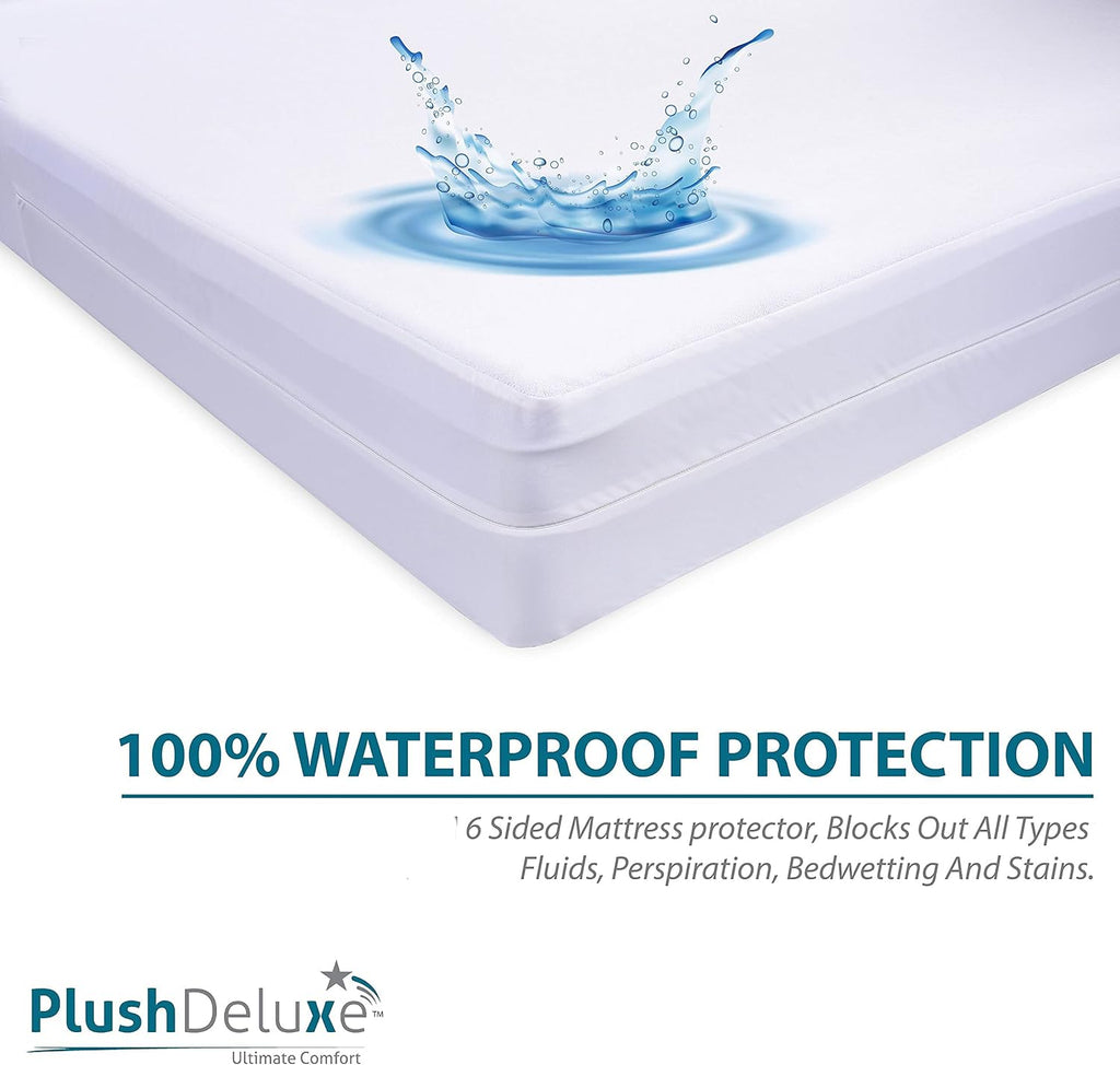 PlushDeluxe Waterproof Mattress Encasement - Soft Cotton Terry Surface | Fits 9"-12" Deep Twin 39x75