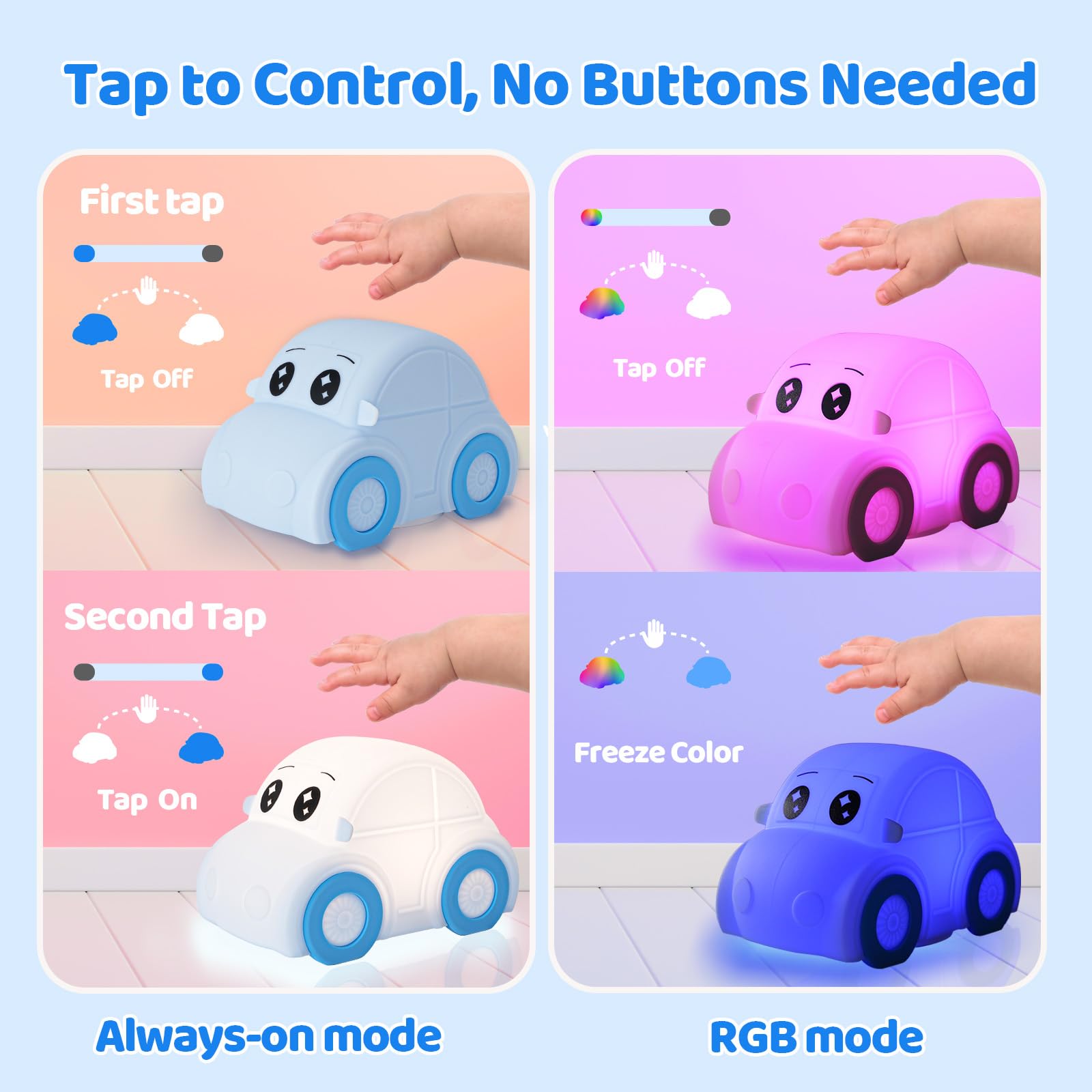 GAGBC Car Night Light for Kids, Tap Control, Color Change, 15/30/60 Min Timer, Dimmble, USB-C Rechargeable Squishy Night Light, Cute Night Lamp for Boys, Girls (car)