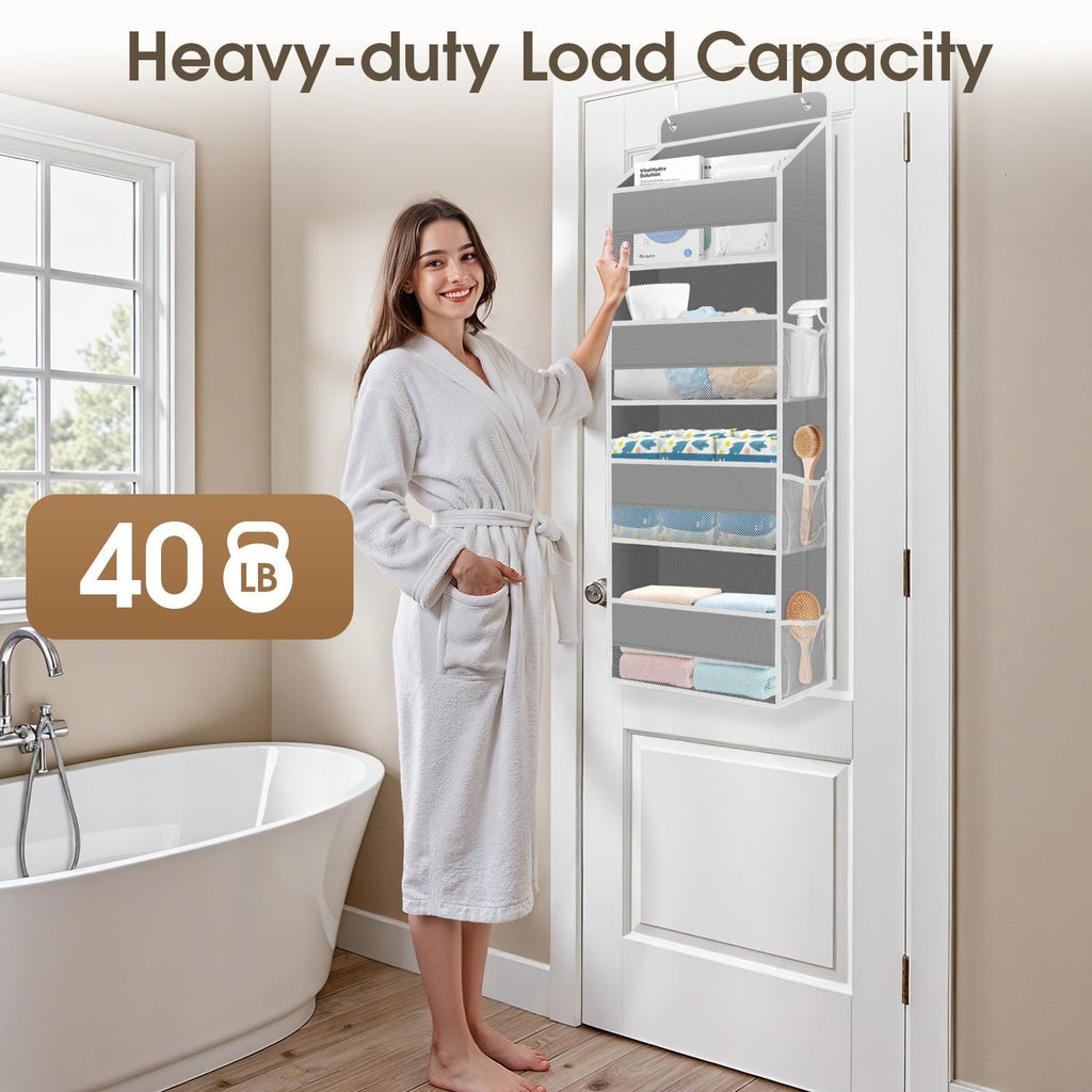 SpaceHacks 1 Pack Over The Door Organizer, Hanging Storage Organizer with Clear Window, 40lb Ultra Sturdy Large Capacity Room Organizer for Pantry Laundry Bathroom Nursery Closet Baby Essential (Grey)