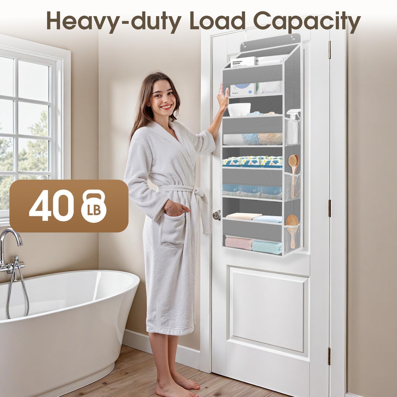 SpaceHacks 1 Pack Over The Door Organizer, Hanging Storage Organizer with Clear Window, 40lb Ultra Sturdy Large Capacity Room Organizer for Pantry Laundry Bathroom Nursery Closet Baby Essential (Grey)