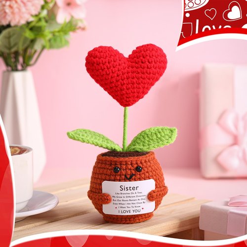 Wavwavw Valentine Galentine's Day Gifts for Sister Handmade Crochet Doll with Card Crochet Present for Sisters Sis Big Little Sister Birthday Wedding Home Decor(Valentine Heart)