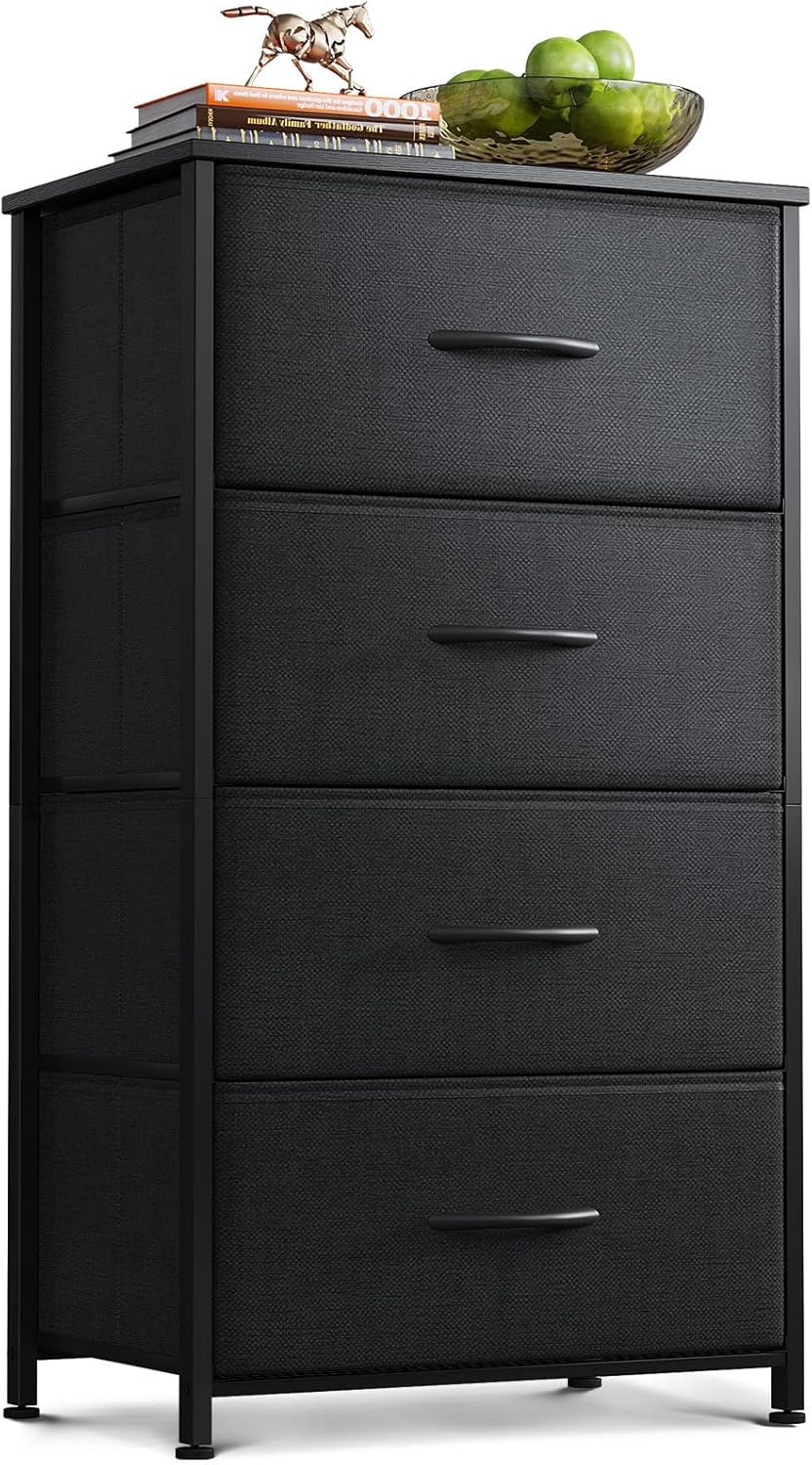 AODK Dresser - 4 Drawer Fabric Chest with Sturdy Steel Frame - Compact Black Storage Solution