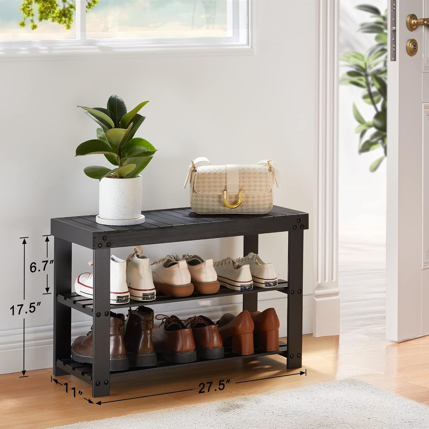 Pipishell Bamboo Shoe Rack - 3-Tier Sturdy Organizer Holds Up to 300lbs | Black Entryway Bench