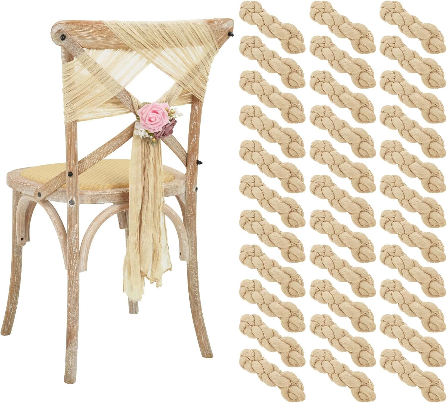 Skiennix 50 PCS Cheesecloth Chair Sashes - Elegant Wedding Aisle Decorations | Beige Ribbon Ties