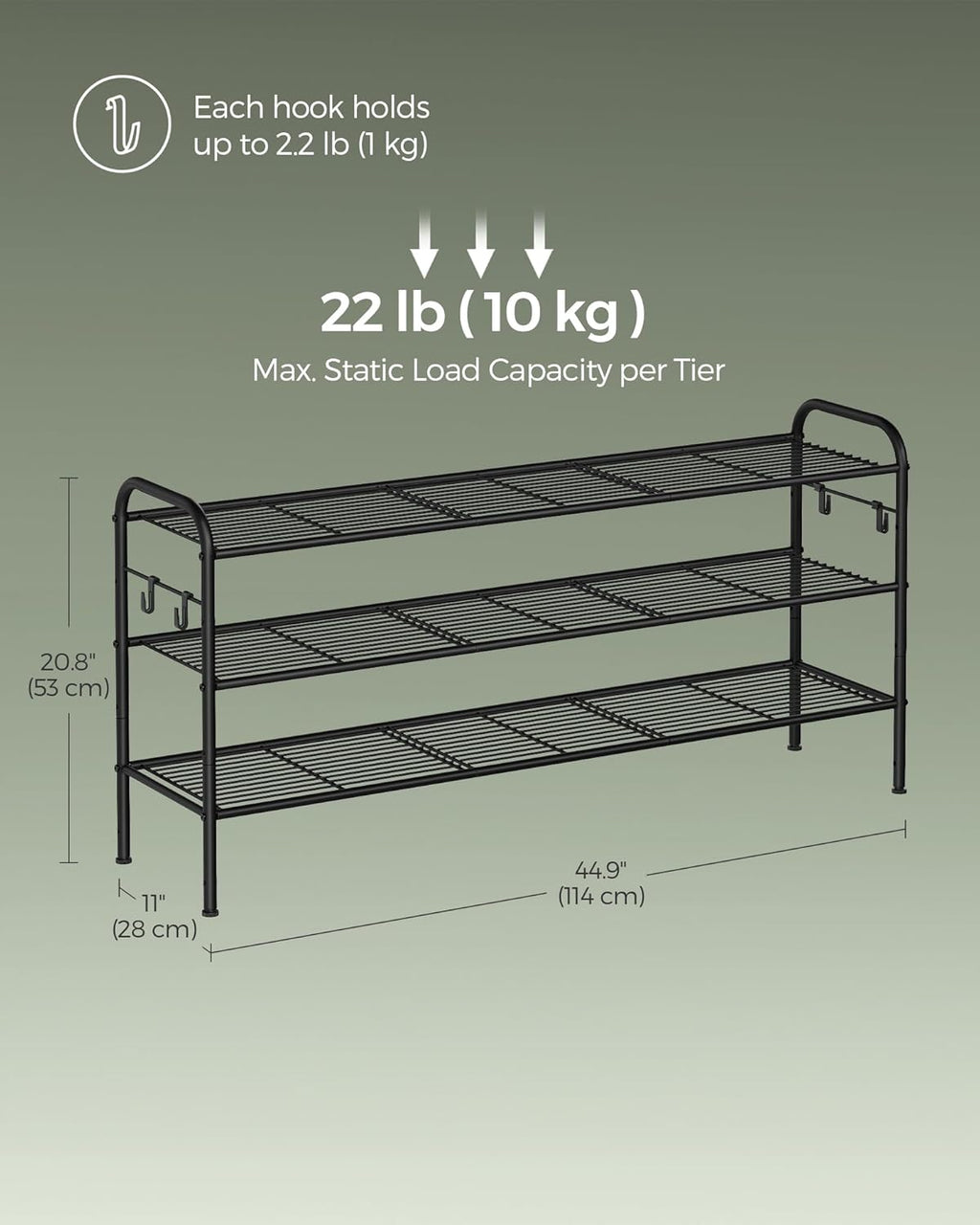 SONGMICS 3-Tier Shoe Rack - Height-Adjustable Metal Organizer with 4 Hooks | Holds 24 Pairs, Ink Black