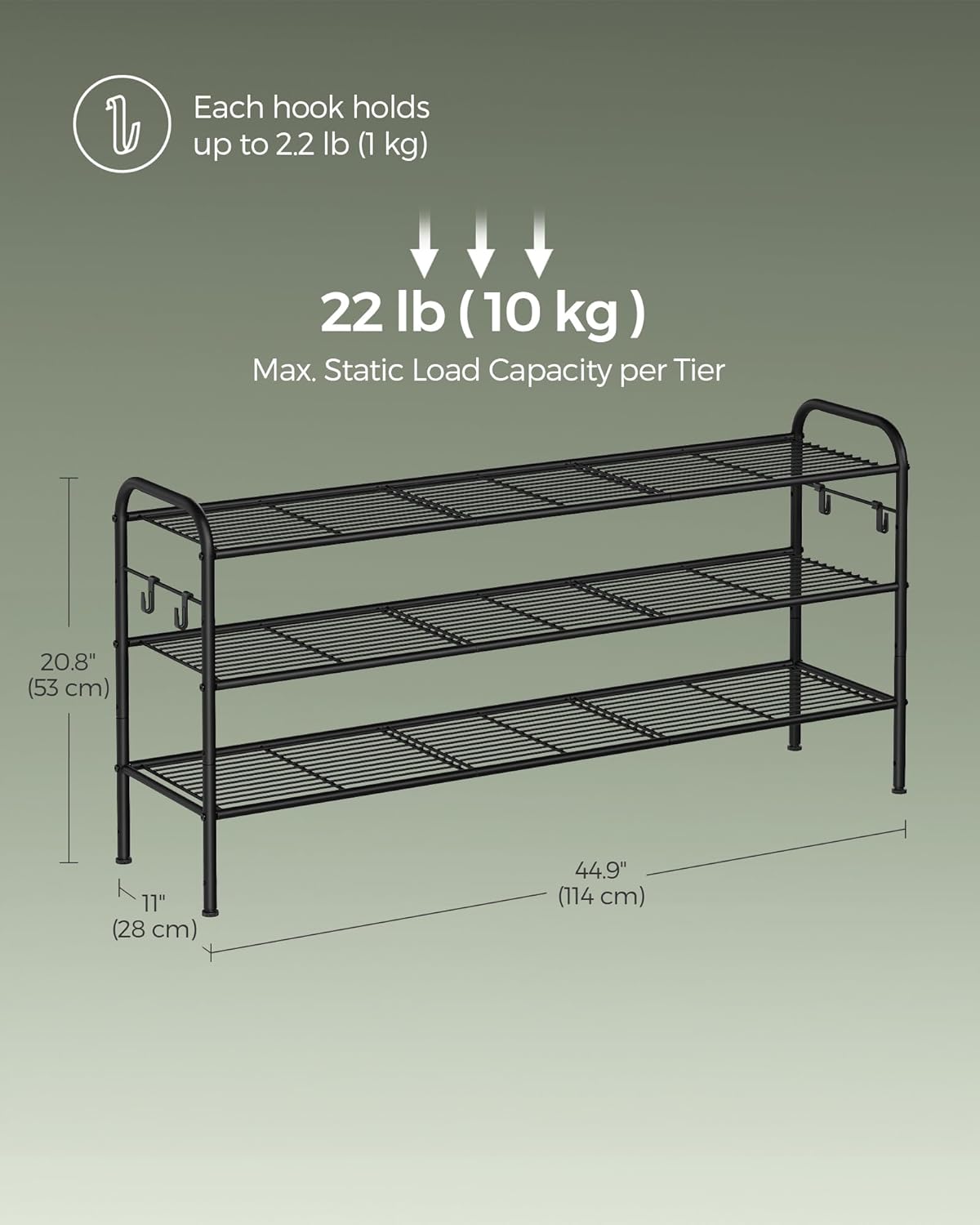 SONGMICS 3-Tier Shoe Rack - Height-Adjustable Metal Organizer with 4 Hooks | Holds 24 Pairs, Ink Black