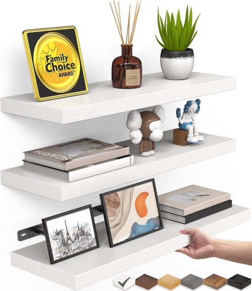 BAYKA White Floating Shelves - Rustic Wood Wall Storage with Metal Brackets | Set of 3, 22lb Capacity for Home Decor