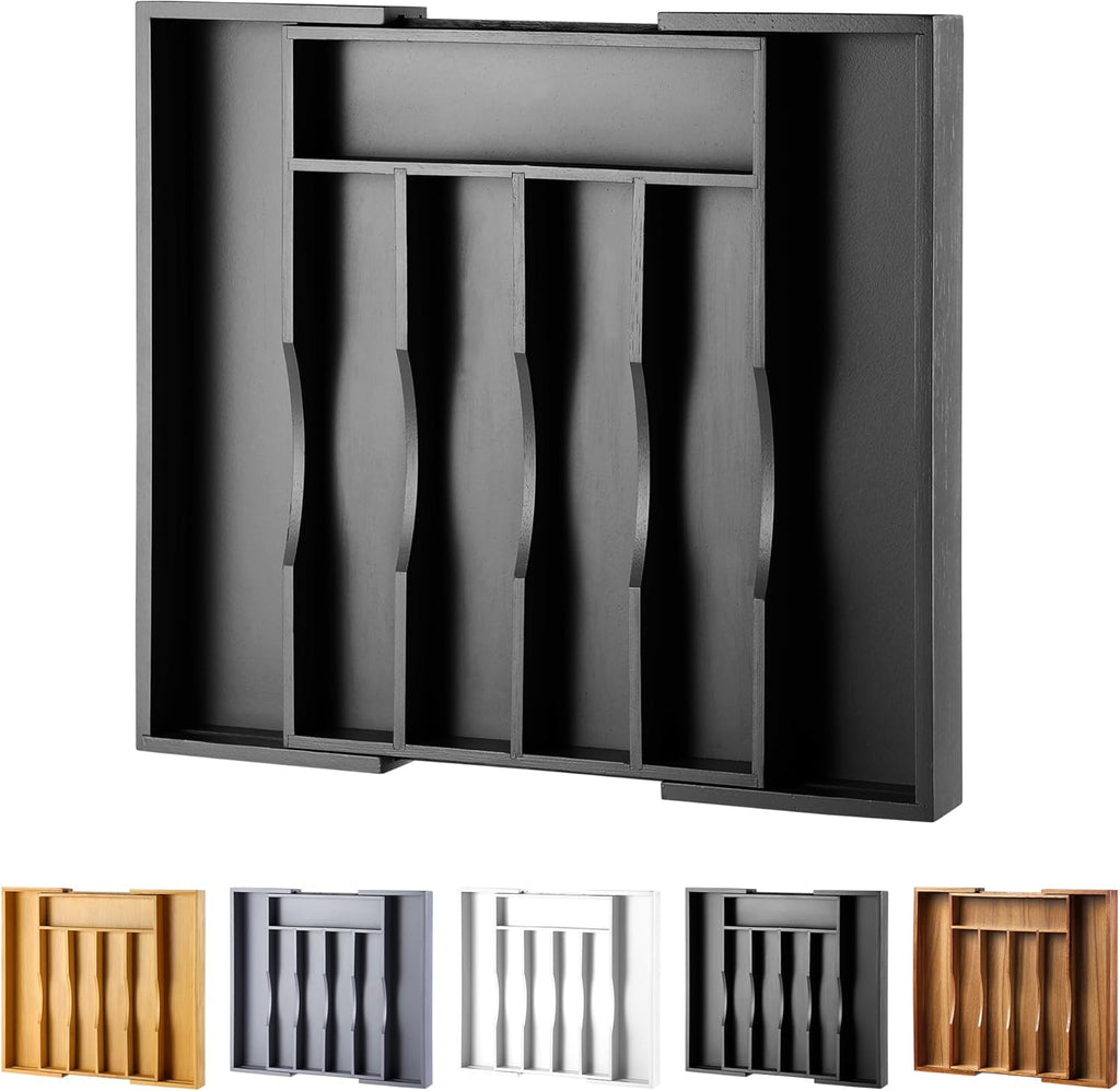 Skiennix Expandable Bamboo Kitchen Drawer Organizer - Adjustable Cutlery Tray for Utensils | Black