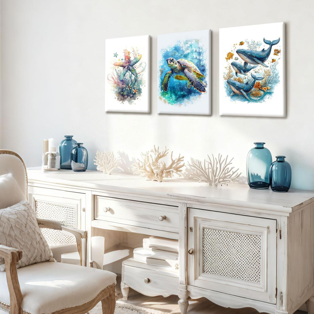 NCCXNCC Marine Animal Canvas Wall Art - Watercolor Sea Turtle, Whale & Starfish Prints | 12x16 IN