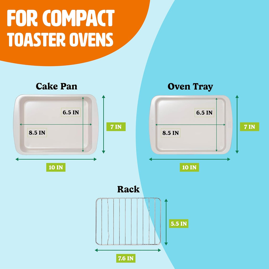 Tasty Nonstick Toaster Oven Baking Set - 3-Piece Carbon Steel Bakeware in Pink | Cake Pan, Oven Tray, Rack