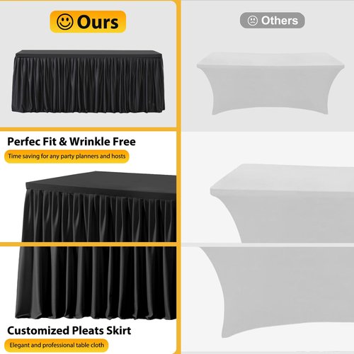 Wish Care 2 Pack Black Rectangle Table Clothes for 8 Foot Tables, Polyester Fitted Tablecloths 8ft Stretch Table Cover for Wedding, Birthday, Parties, Trade Show, Craft Show