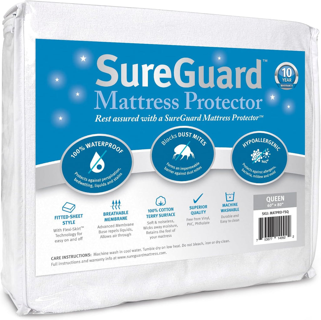 SureGuard Queen Size Mattress Protector - 100% Waterproof & Hypoallergenic | Premium Cotton Terry Cover in White
