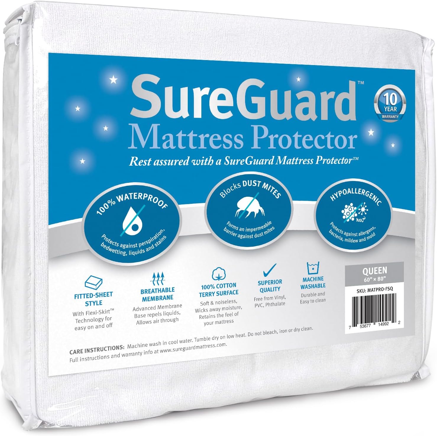SureGuard Queen Size Mattress Protector - 100% Waterproof & Hypoallergenic | Premium Cotton Terry Cover in White