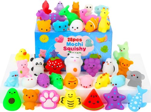 Kawaii Squishy Toys - 28 Pack Mochi Fidget Toys with Cards | Perfect Party Favors & Goodie Bag Stuffers for Kids 4-12