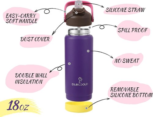 DLOCCOLD Kids Insulated Water Bottle - Leak Proof Straw Lid, Double Wall Stainless Steel | Reusable Tumbler for Travel