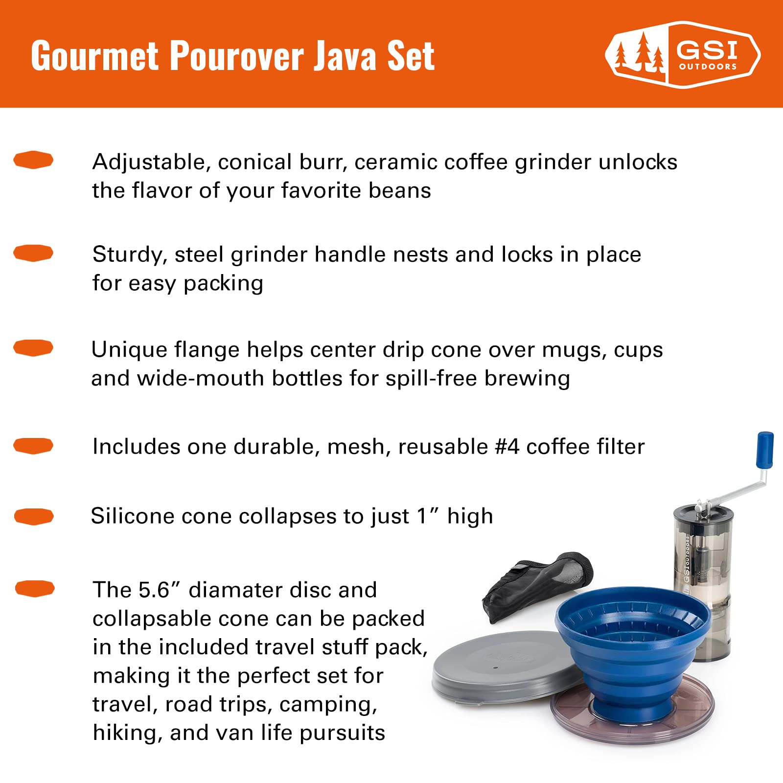 GSI Outdoors Gourmet Pour-Over Java Set I Travel Drip Coffee Set I Reusable Coffee Drip Filter & Collapsible Cone Fits All Coffee Cups & Mugs for Caravan, RV, Camping & Backpacking