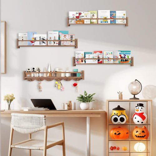 Dixryaus 34Inch Nursery Book Shelves Wall Mounted, Floating Book Shelf for Kids Coat Rack with 6 Hooks, Wall Hanging Shelf for Baby Nursery Room Organizer ，Patent Number:US-D1058229-S(4, Light Brown)