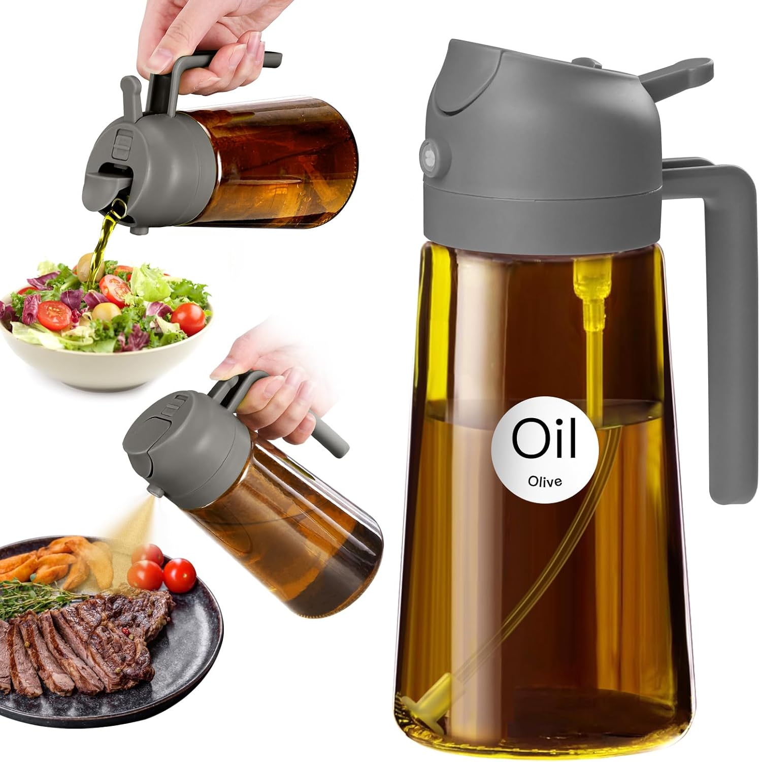YARRAMATE 16oz Dark Brown Oil Sprayer - Food-Grade 2-in-1 Olive Oil Dispenser for Cooking & BBQ (Grey)