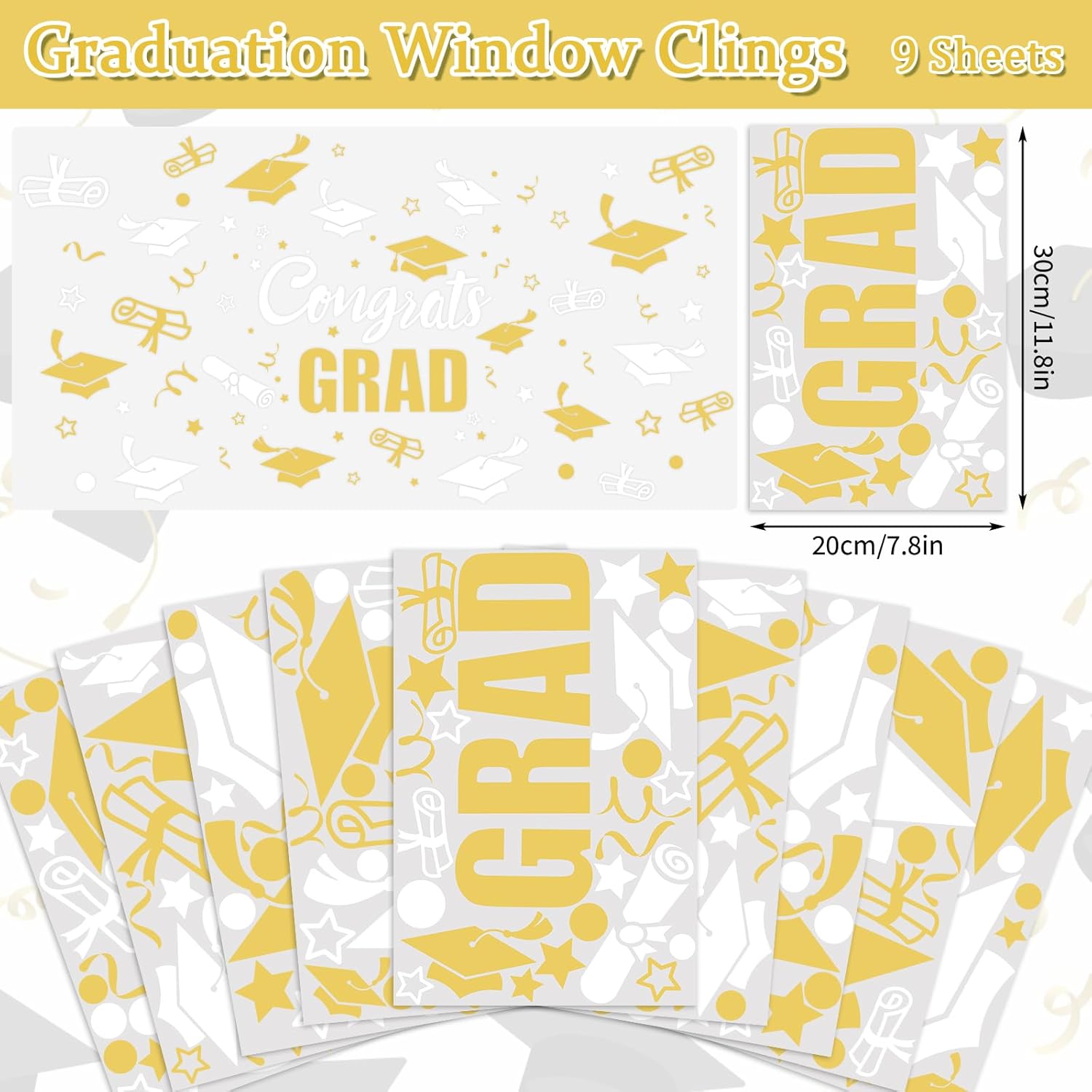 Whaline Graduation Window Clings - 236 Pcs Double-Sided White & Gold Cap Decor for Home & Office