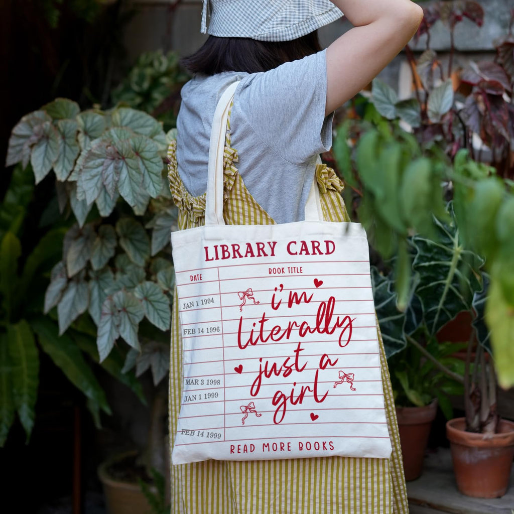 Puuonnnnno Library Card Canvas Tote Bag Gifts for Book Lovers - Christmas Gifts for Book Lovers, Librarian, Bookish, Readers - I’m Literally Just a Girl