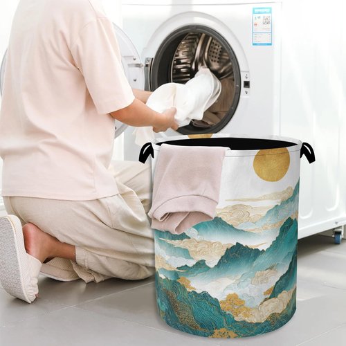Abstract Mountains Laundry Basket,Golden Sun Foldable with Handles Tote Bag Oxford Cloth for Bathroom Bedroom Dirty Clothes Storage Bucket 16" x 20.8"