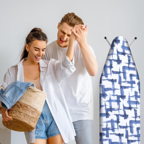 Ironing Board Cover and pad - 15 x 54 Thick Padding 4 Layers with 2" Elastic, Stain Resistant & Durable Scorch, 2 Click Buckles for Smooth Iron/Easy Installation in Laundry Room, Blue Brushstrokes
