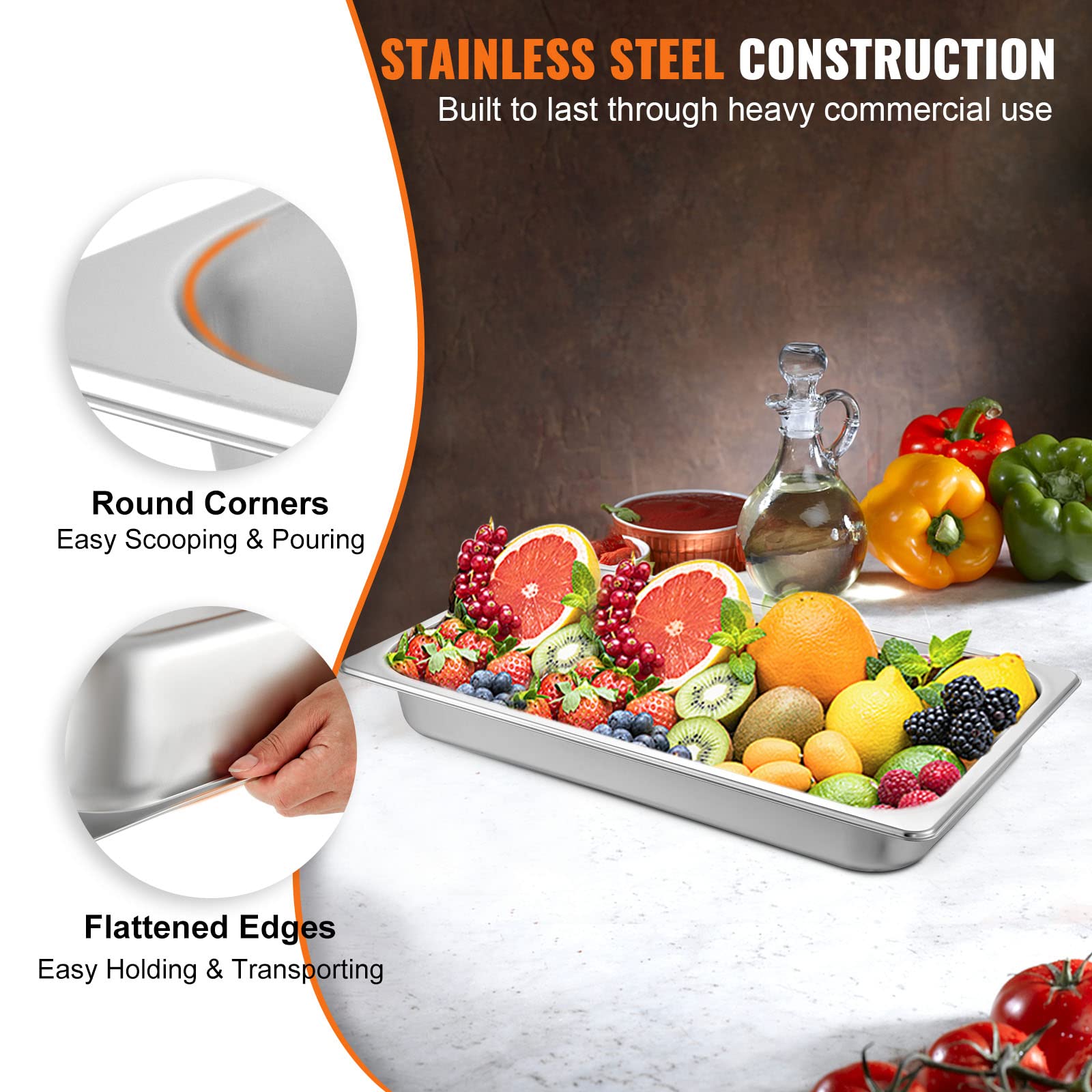 VEVOR Hotel Pans Full Size 2.5 Inch Deep, Steam Table Pans 6 Pack,0.8mm Thick Stainless Steel Hotel Pan Anti Jam Steam Table Pan, for Home, Party, Restaurant, Hotel, Buffet