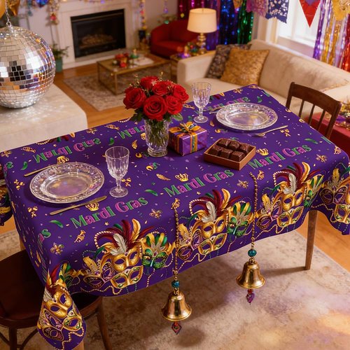 Mardi Gras Tablecloth, 3 PCS Mardi Gras Table Cloth Disposable, Plastic Purple Carnival Mask Decorative Masquerade Tables Cover Rectangular for Mardi Gras Party Decoration Supplies, 54 X 108 Inch