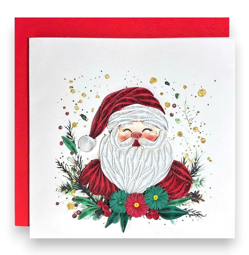 Handmade Santa 3D Quilling Christmas Card – Blank Inside, Framed Keepsake Gift