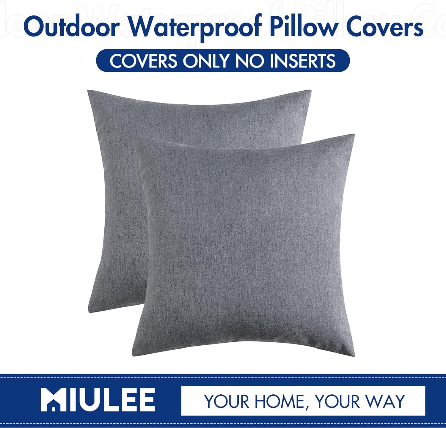 MIULEE Decorative Outdoor Throw Pillow Covers - Waterproof Faux Linen Cushion Cases | 18x18 Inch Dark Grey (Set of 2)