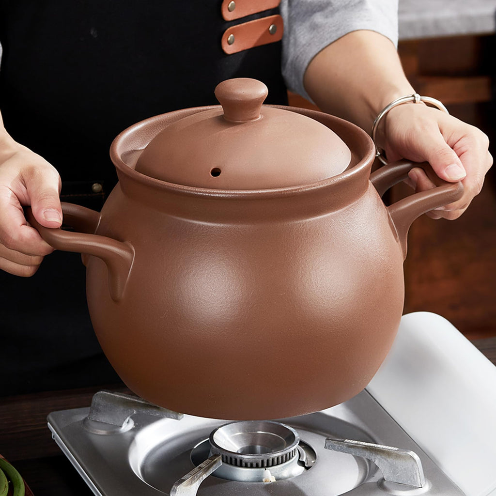 Red Zisha Unglazed Earthen Cookware Stock Pot, Natural Terracotta Pan Ceramic Casserole Dish, Clay Pot with Lid for Cooking Rice, Hot Pot, Dolsot Bibimbap and Soup (5.28QT(5L))