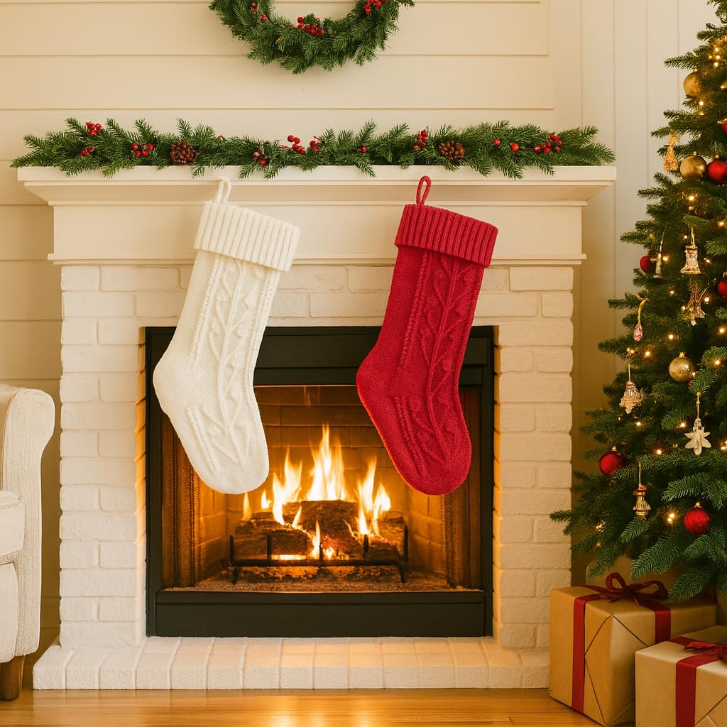 PUKUPIG 18 Inch White Christmas Stocking, Extra Large Cable Knit Holder, Xmas Stocking for Fireplace, Mantel, Festival Party or Wall Hanging