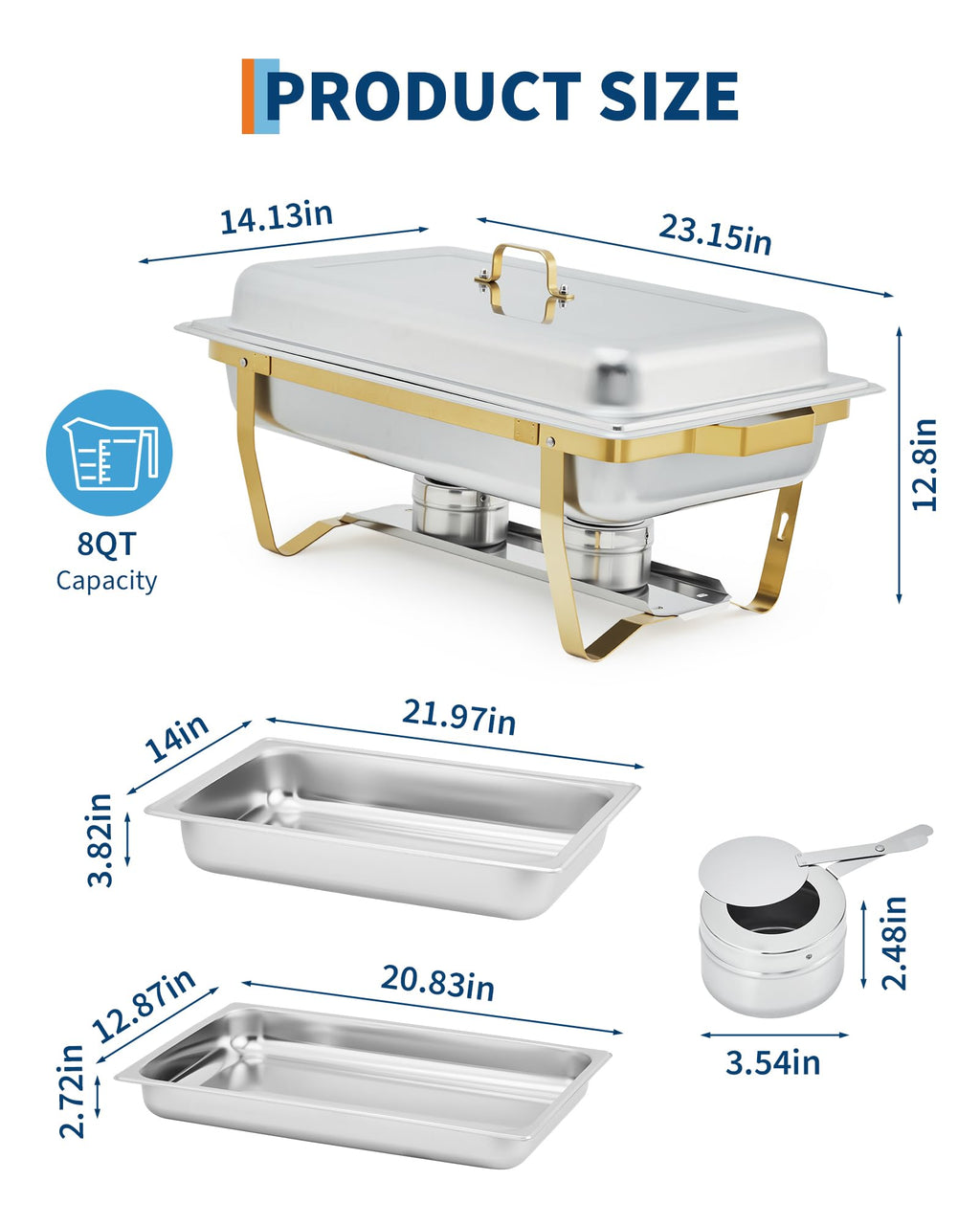 Garvee Chafing Dishes for Buffet Set of 2, 8QT Buffet Servers and Warmers Set with Lid & Foldable Frame, Rectangular Stainless Steel Chafer Food Warmer for Parties Wedding Catering Supplies, Gold
