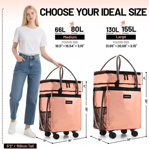 (Large) Fanwoli Reusable Grocery Bag on Wheels with Upgraded Wrinkle-Resistant Fabric | Enhanced Stability Wheels & Extended Handle | Foldable Shopping Trolley for Laundry, Carries Up to 66 L