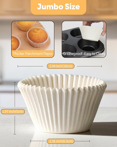 Bake Choice Jumbo Cupcake Liners - 100 Pcs Greaseproof White Muffin Wrappers for Parties & Events