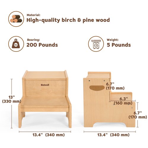 Bateso Step Stool for Kids, Wooden Toddler Step Stool with Non-Slip Mats for Bathroom Sink and Kitchen, Potty Training Stool with Handles for Toilet