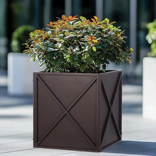 BAYN Metal Square Planter Box - Modern Heavy-Duty Outdoor Planter with Drainage Holes | Brown, 17” x 17” x 18”