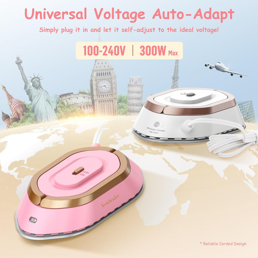 Newbealer Travel Iron - Mini Dry Iron with Global Voltage, 300W Power, Non-Stick Soleplate | Pink, Ultra-Lightweight