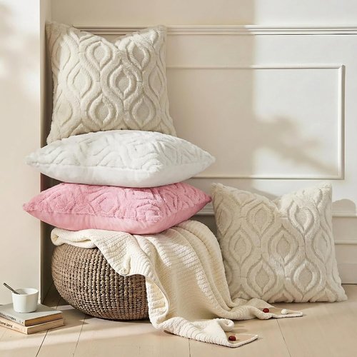 decorUhome Throw Pillow Covers - Soft Plush Faux Wool Beige | Set of 2, 18x18 Inch Square Accent Pillows