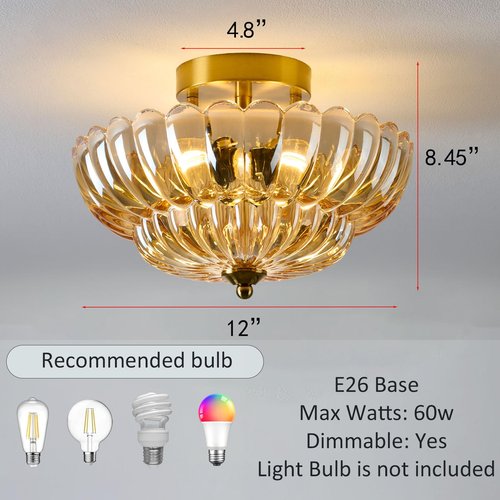 Glass Semi Flush Ceiling Lights - 12 in Vintage Mid Century Modern Lighting Fixture - Drum Unique Art Deco Amber Mount Light Fixtures for Hallway Entry Way Hall Kitchen Dining Laundry Room Foyer Porch