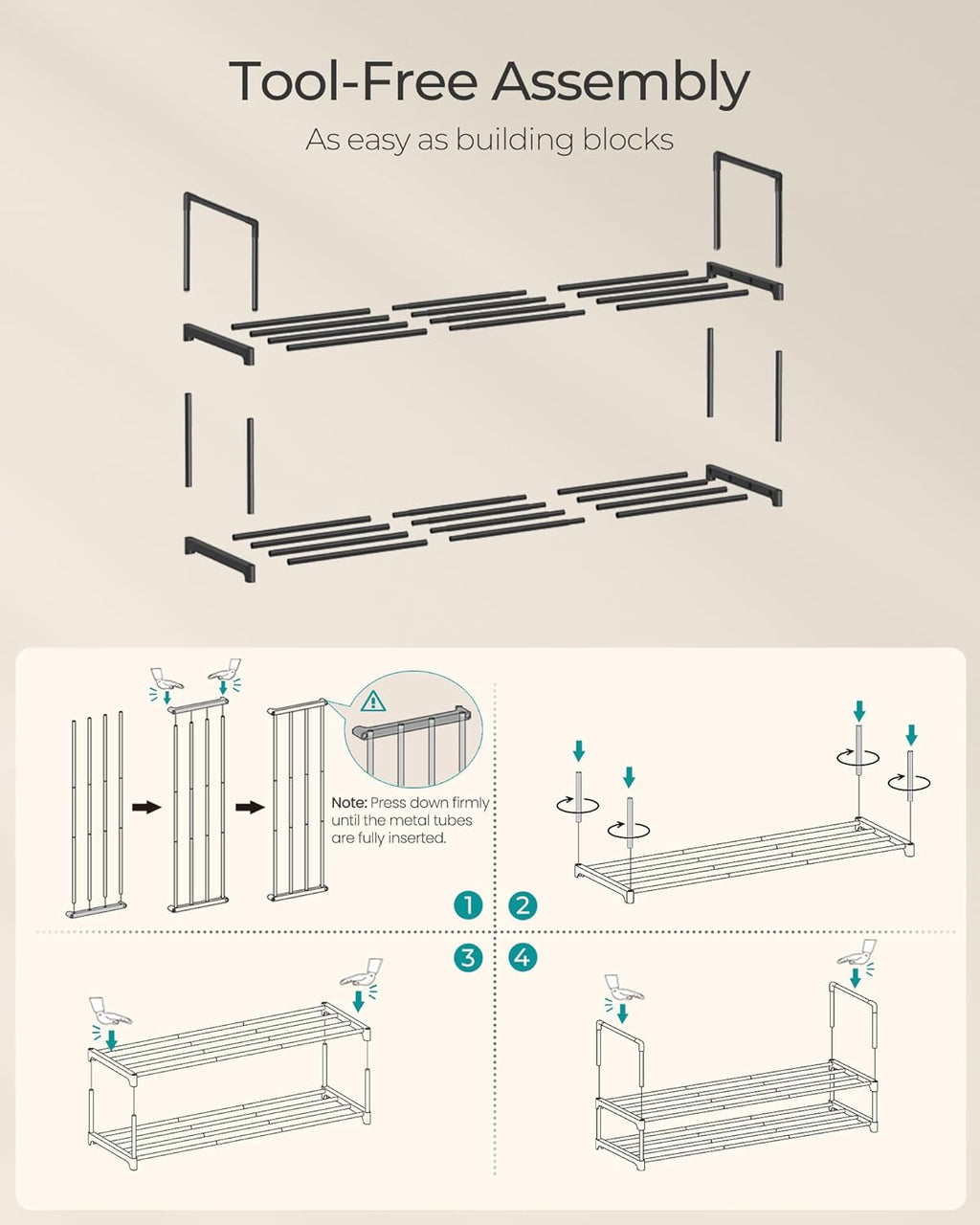 SONGMICS 2-Tier Shoe Rack - Stackable Metal Organizer for 12-15 Pairs | Black, 11.8 x 36.2 x 14.6 Inches