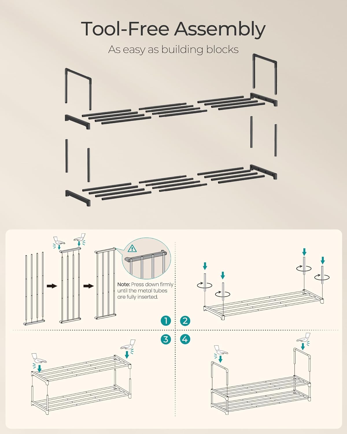 SONGMICS 2-Tier Shoe Rack - Stackable Metal Organizer for 12-15 Pairs | Black, 11.8 x 36.2 x 14.6 Inches