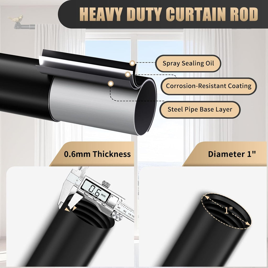 Vintage Black Curtain Rod - Adjustable 18 to 45 Inches | Heavy-Duty Drapery Rod with Gold Bird Finials