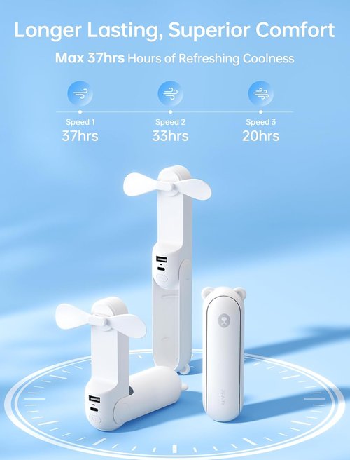 JISULIFE Handheld Fan 8 Plus - All-in-One Mini Fan with 37 Hours Cooling & 4500mAh Power Bank | Portable White Design for Travel & Makeup