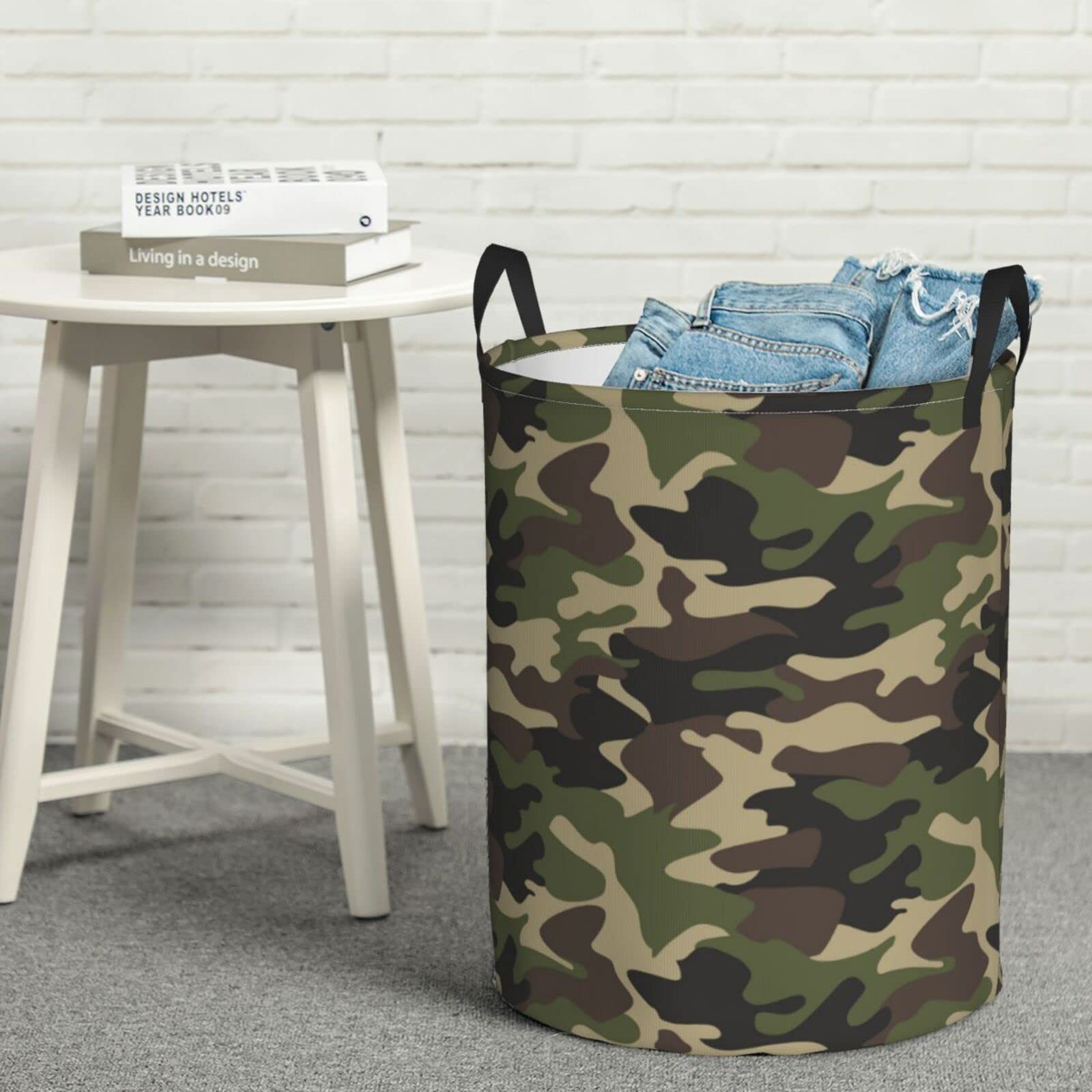 Gbuzozie 62L Round Laundry Hamper Camouflage Pattern Storage Basket Waterproof Coating Green Camo Organizer Bin For Nursery Clothes Toys