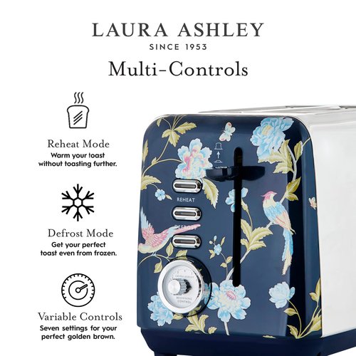 VQ Laura Ashley Elveden Navy Stainless Steel 2 Slice Toaster | Multi-Functional Bagels & Bread Toaster 2 Slice with Adjustable Heating & Defrost Mode | Featuring 2 Wide Slots, Croissant Warming Rack