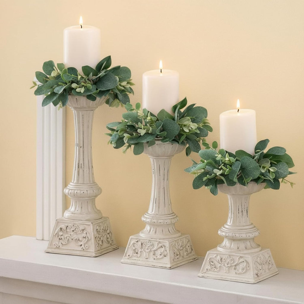 Thinkday Eucalyptus Candle Ring Set - 4 Inch Mini Artificial Wreaths for Pillar Holders | Green Floral Decor