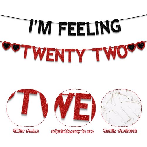 Plzaxou 22nd Birthday Party Decorations for Girls Women, Black Red Glitter I'm Feeling Twenty Two Banner, Taylor Singer Themed Girls 22 Years Old Birthday Party Decorations Supplies